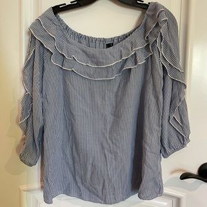 Kay Celine Blue, White Off the Shoulder Long Sleeve Top (Small)